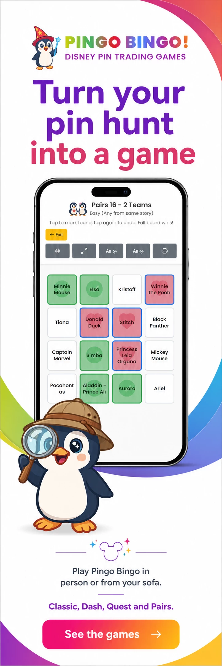 Pingo Bingo Disney pin trading game shown on a phone